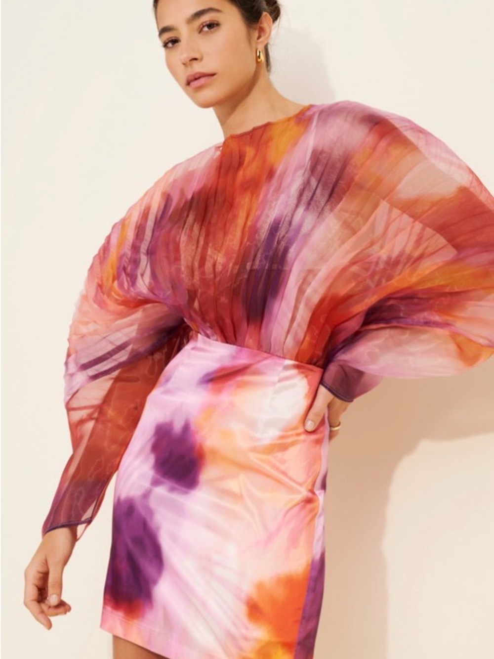 Andrea Iyamah Pink, Purple & Orange Watercolor Puff-Sleeve Mini Dress
